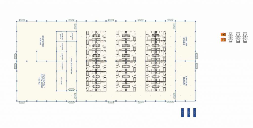 Een plattegrond van het paviljoen van de crisisnoodopvang met daarop ingetekend de recreatieruimte (vooraan), de 36 privéverblijven (midden) en de sanitair-ruimtes.