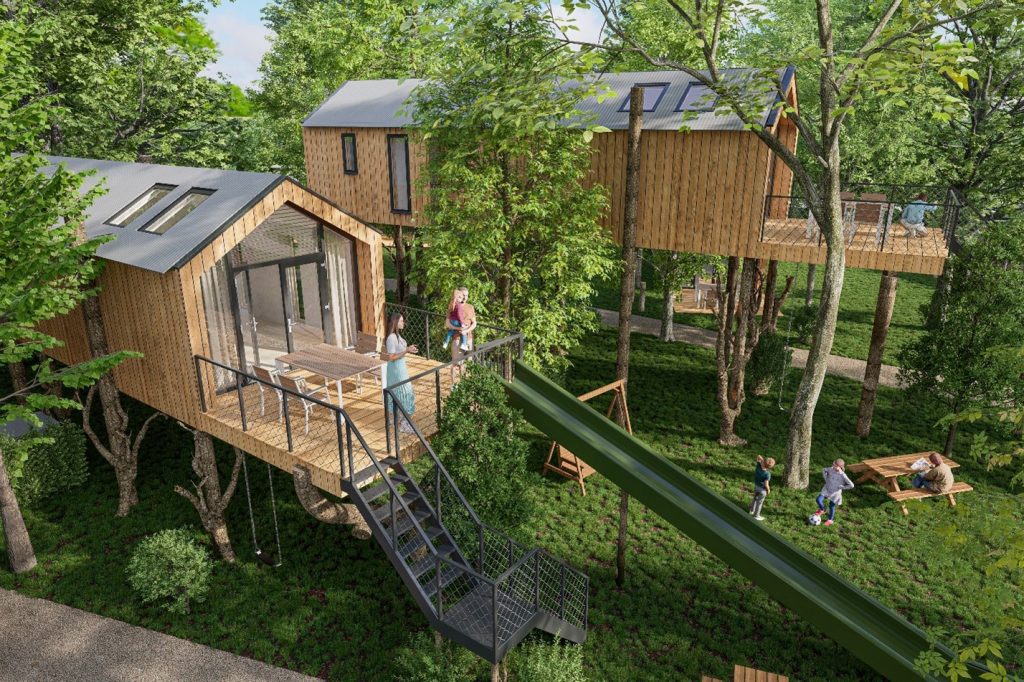Artist impression van de twee boomhutten